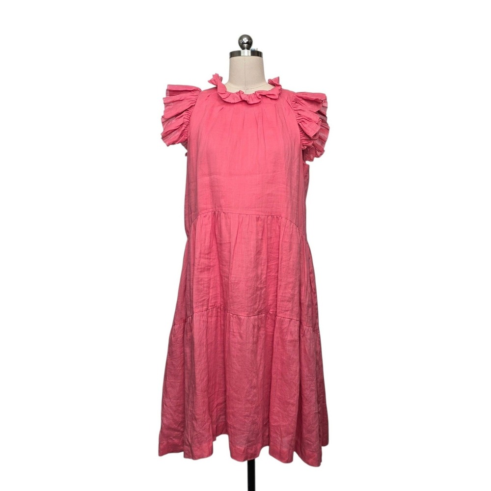 Sea New York Pink Ramie Ruffle Neck Tiered Midi Dress Size 10 Flutter Sleeve